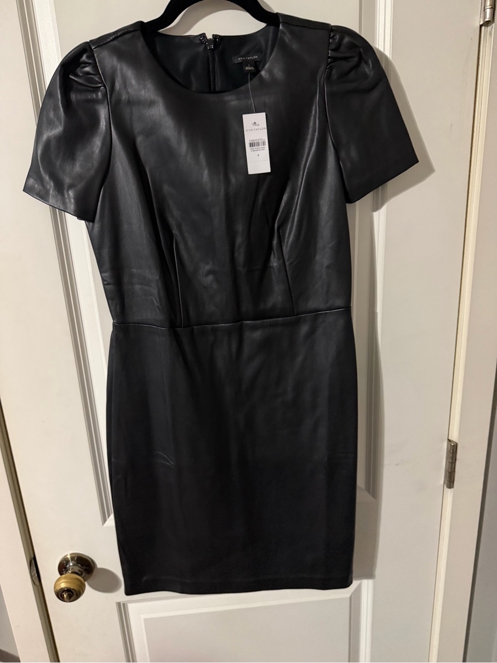 Ann Taylor Black Faux Leather Sheath Dress with Puff Sleeves